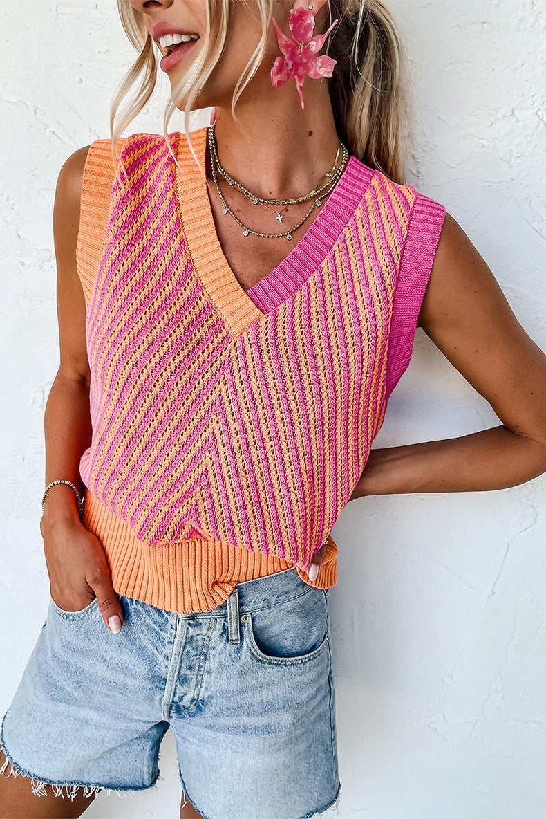 Color Contrast Patchwork Sleeveless V-neck Outerwear Woolen Vest For Women