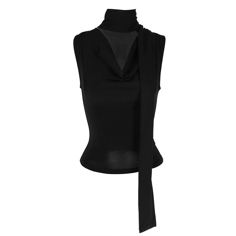 Lace-up Tied Top Outerwear Ribbon Swing Collar Sleeveless Vest For Women