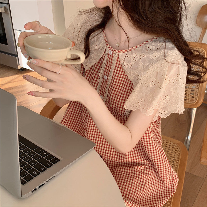 Lace Sweet Lace Princess Plaid Outerwear Nightdress For Women