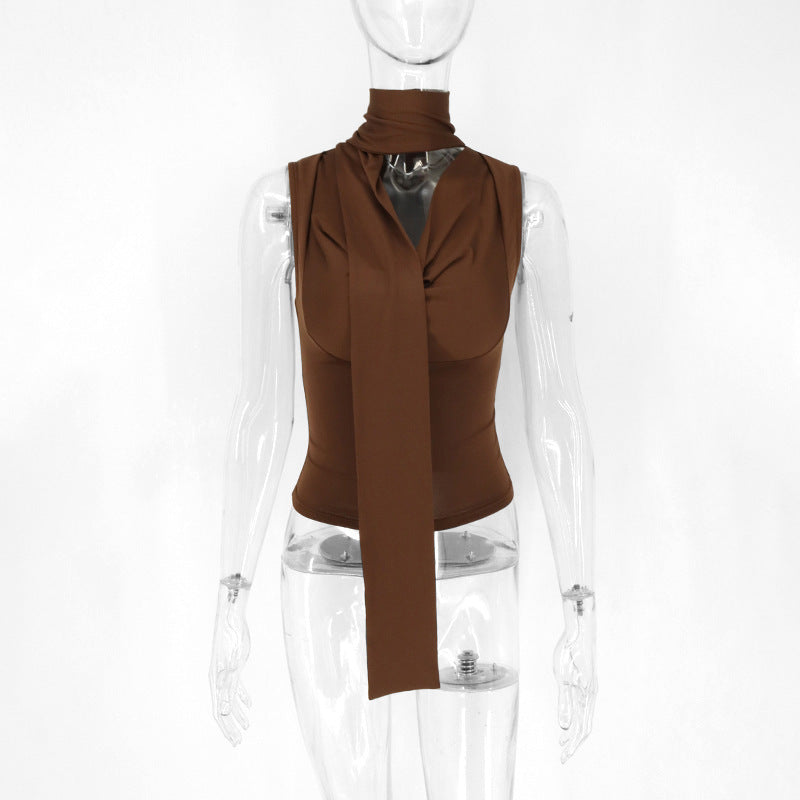 Lace-up Tied Top Outerwear Ribbon Swing Collar Sleeveless Vest For Women