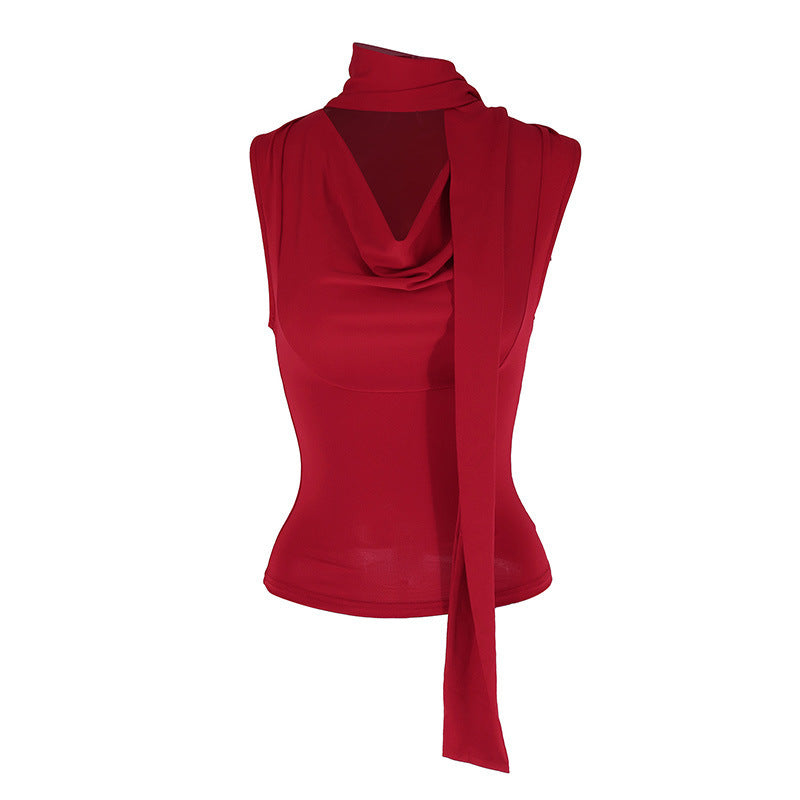 Lace-up Tied Top Outerwear Ribbon Swing Collar Sleeveless Vest For Women