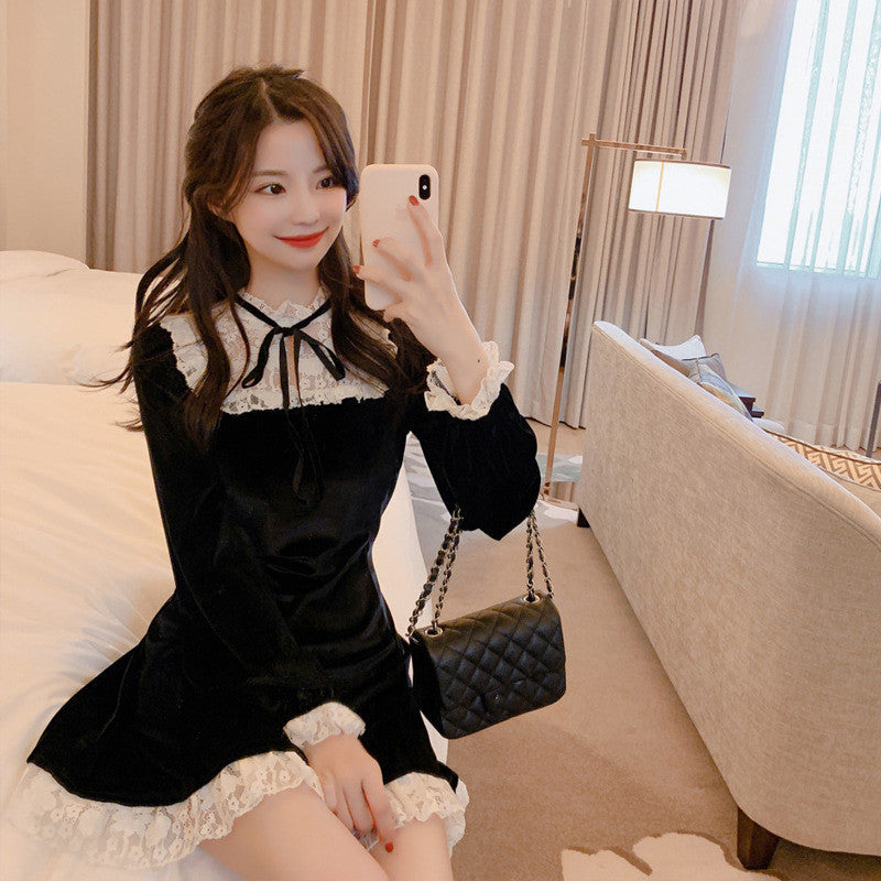 Hepburn Style Gold Velvet Little Black Dress