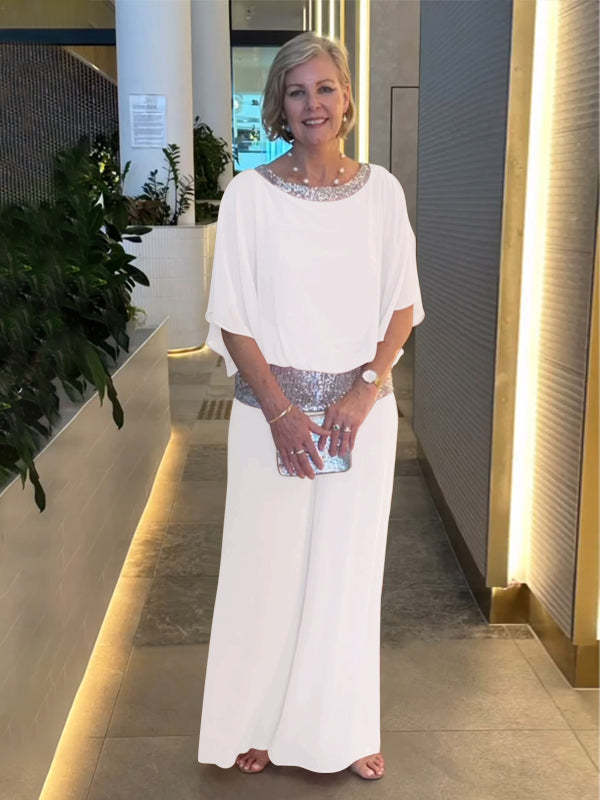 Round Neck Sequins Color Matching Batwing Shirt Wide Leg Pants Suit Women