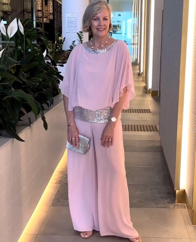Round Neck Sequins Color Matching Batwing Shirt Wide Leg Pants Suit Women