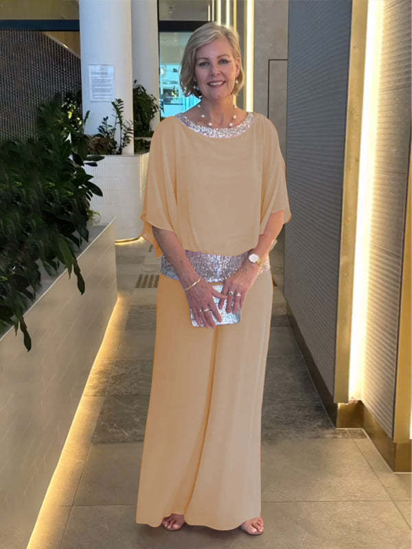 Round Neck Sequins Color Matching Batwing Shirt Wide Leg Pants Suit Women