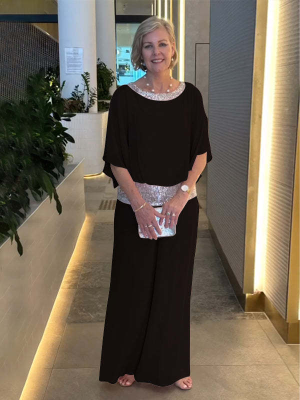 Round Neck Sequins Color Matching Batwing Shirt Wide Leg Pants Suit Women