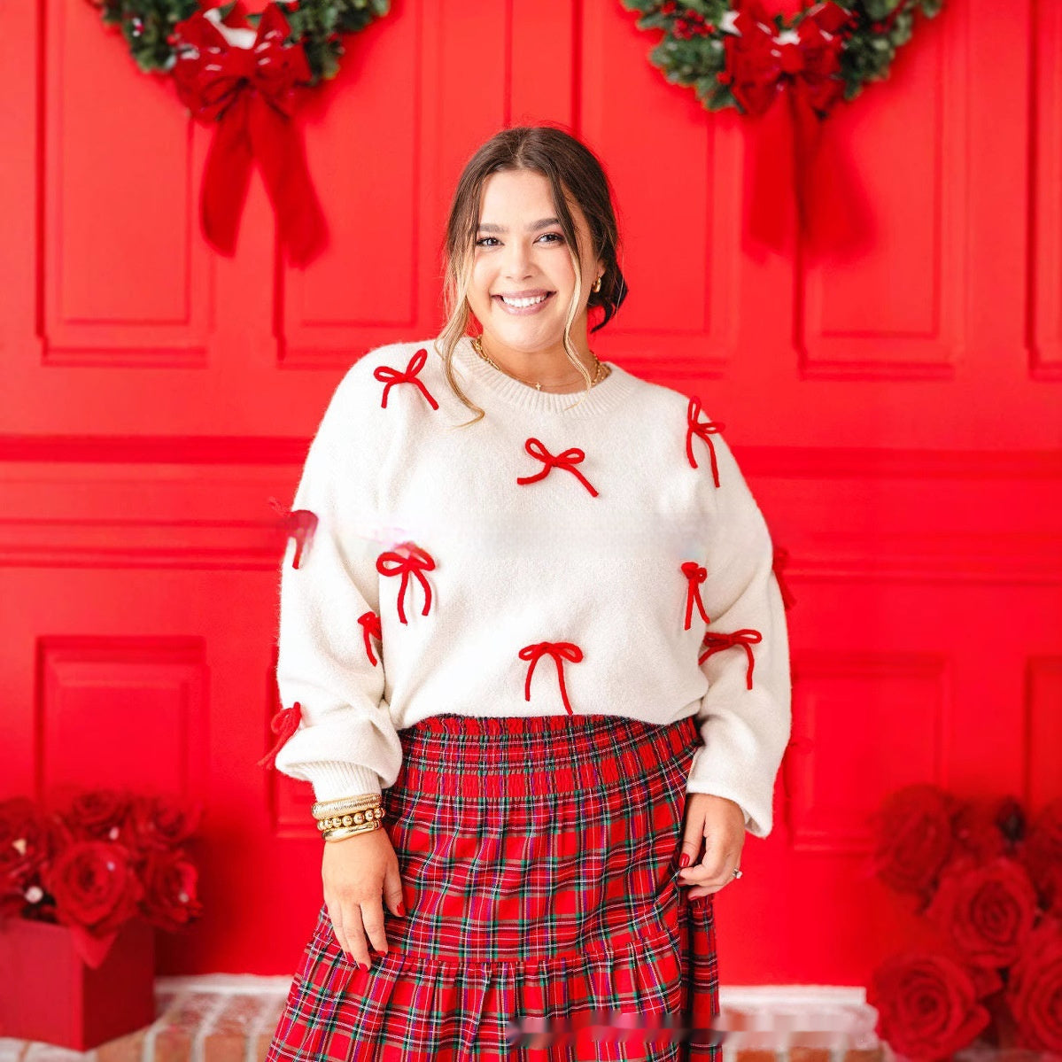 Christmas Round Neck Loose-fitting Versatile Outerwear Bow Idle Style Knitwear For Women