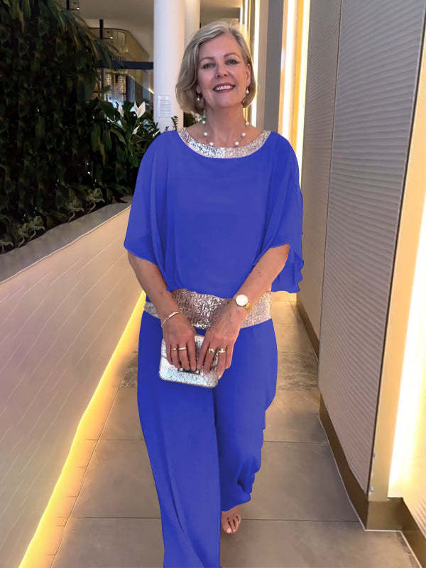 Round Neck Sequins Color Matching Batwing Shirt Wide Leg Pants Suit Women