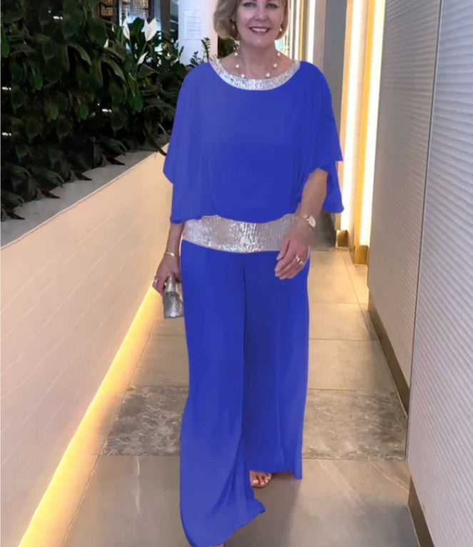 Round Neck Sequins Color Matching Batwing Shirt Wide Leg Pants Suit Women
