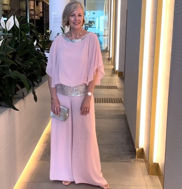Round Neck Sequins Color Matching Batwing Shirt Wide Leg Pants Suit Women