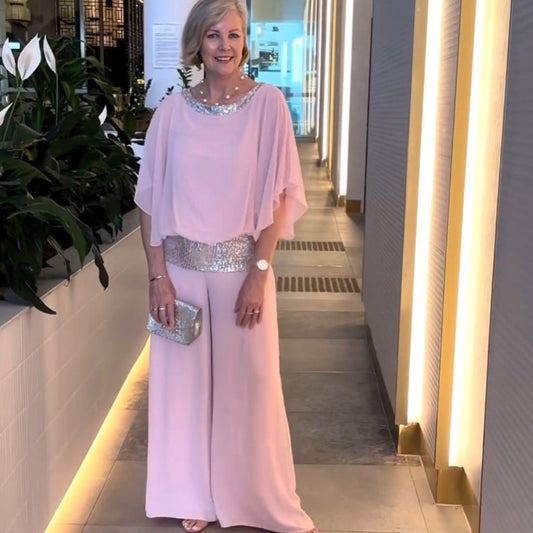 Round Neck Sequins Color Matching Batwing Shirt Wide Leg Pants Suit Women