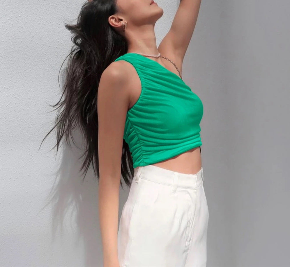 One Shoulder Crop Top Women Sexy Sleeveless Ruched Tank Top Summer White Black Blue Orange Plain Short Tanks Camis