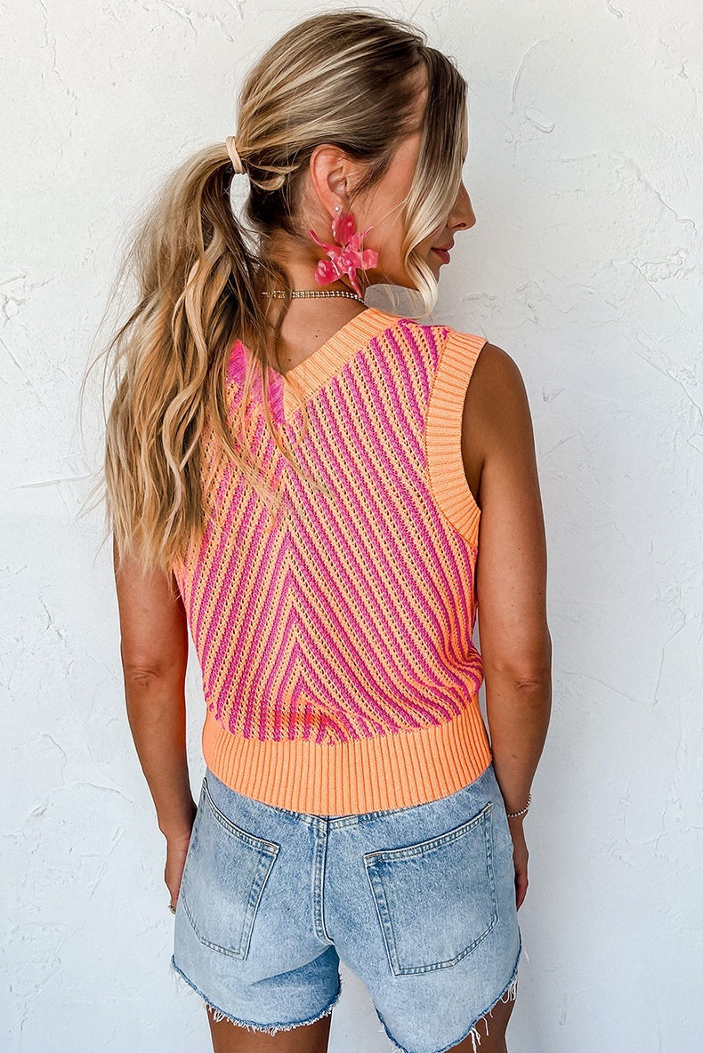 Color Contrast Patchwork Sleeveless V-neck Outerwear Woolen Vest For Women