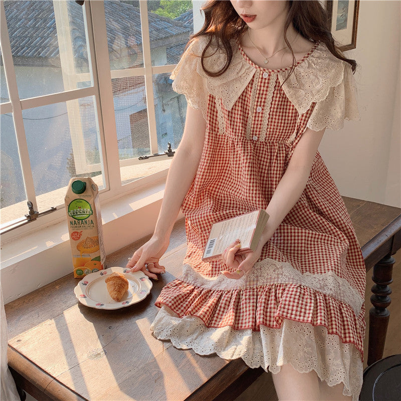 Lace Sweet Lace Princess Plaid Outerwear Nightdress For Women