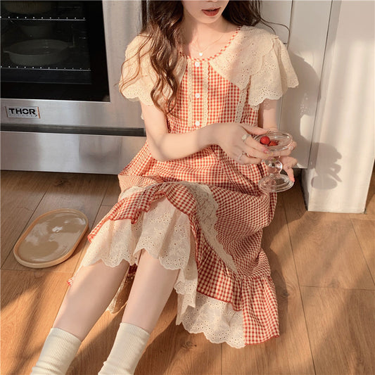 Lace Sweet Lace Princess Plaid Outerwear Nightdress For Women