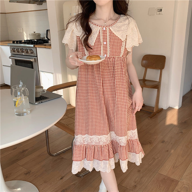 Lace Sweet Lace Princess Plaid Outerwear Nightdress For Women