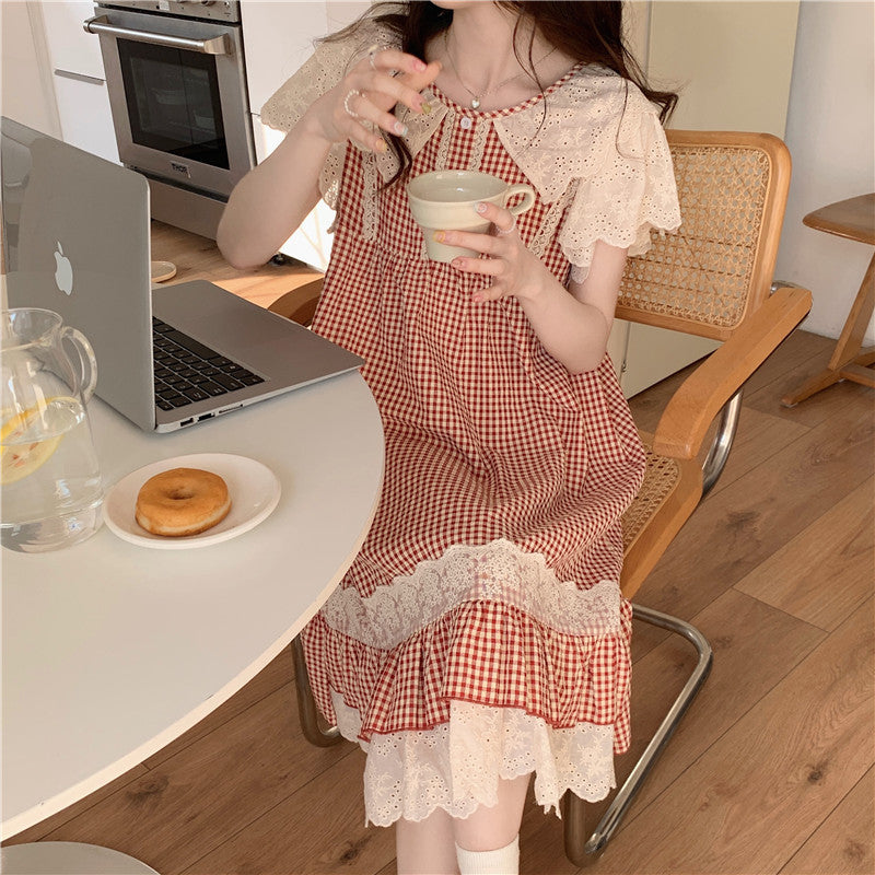 Lace Sweet Lace Princess Plaid Outerwear Nightdress For Women