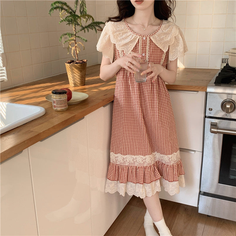 Lace Sweet Lace Princess Plaid Outerwear Nightdress For Women