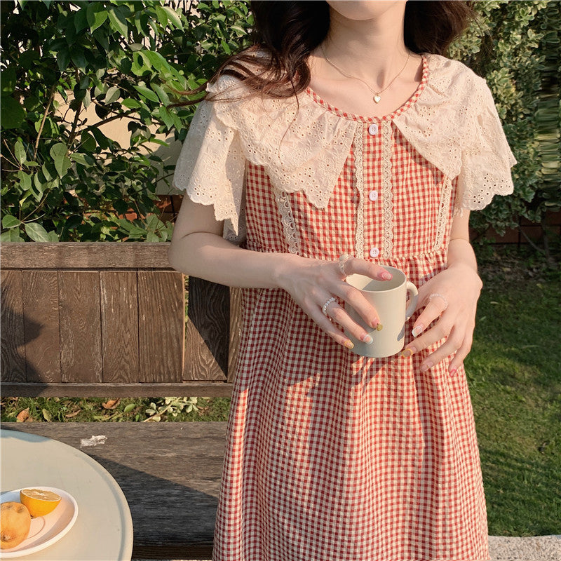 Lace Sweet Lace Princess Plaid Outerwear Nightdress For Women