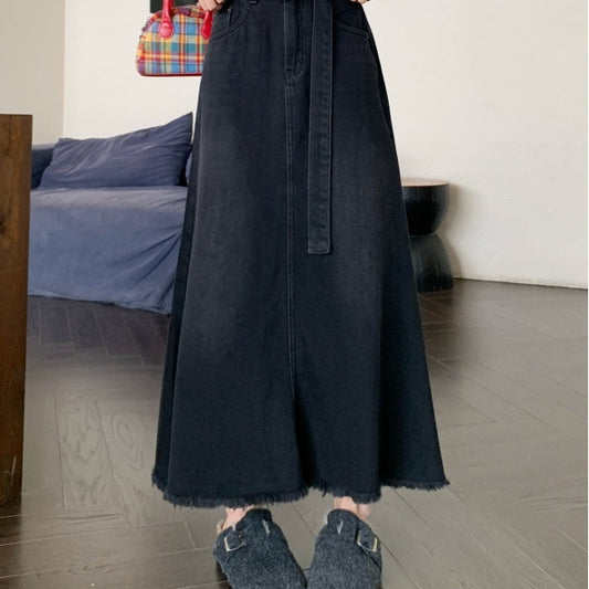 Washed Denim Long Skirts Tall Skirt