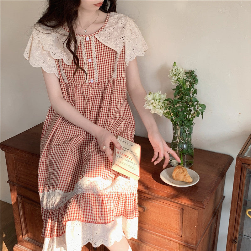 Lace Sweet Lace Princess Plaid Outerwear Nightdress For Women